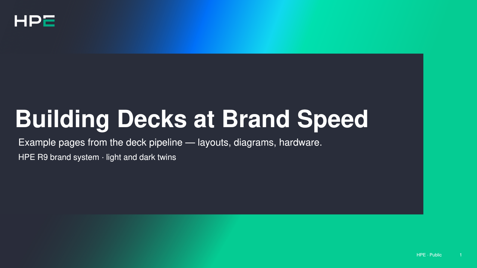 HPE-branded dark-theme cover page for the Building Decks at Brand Speed example