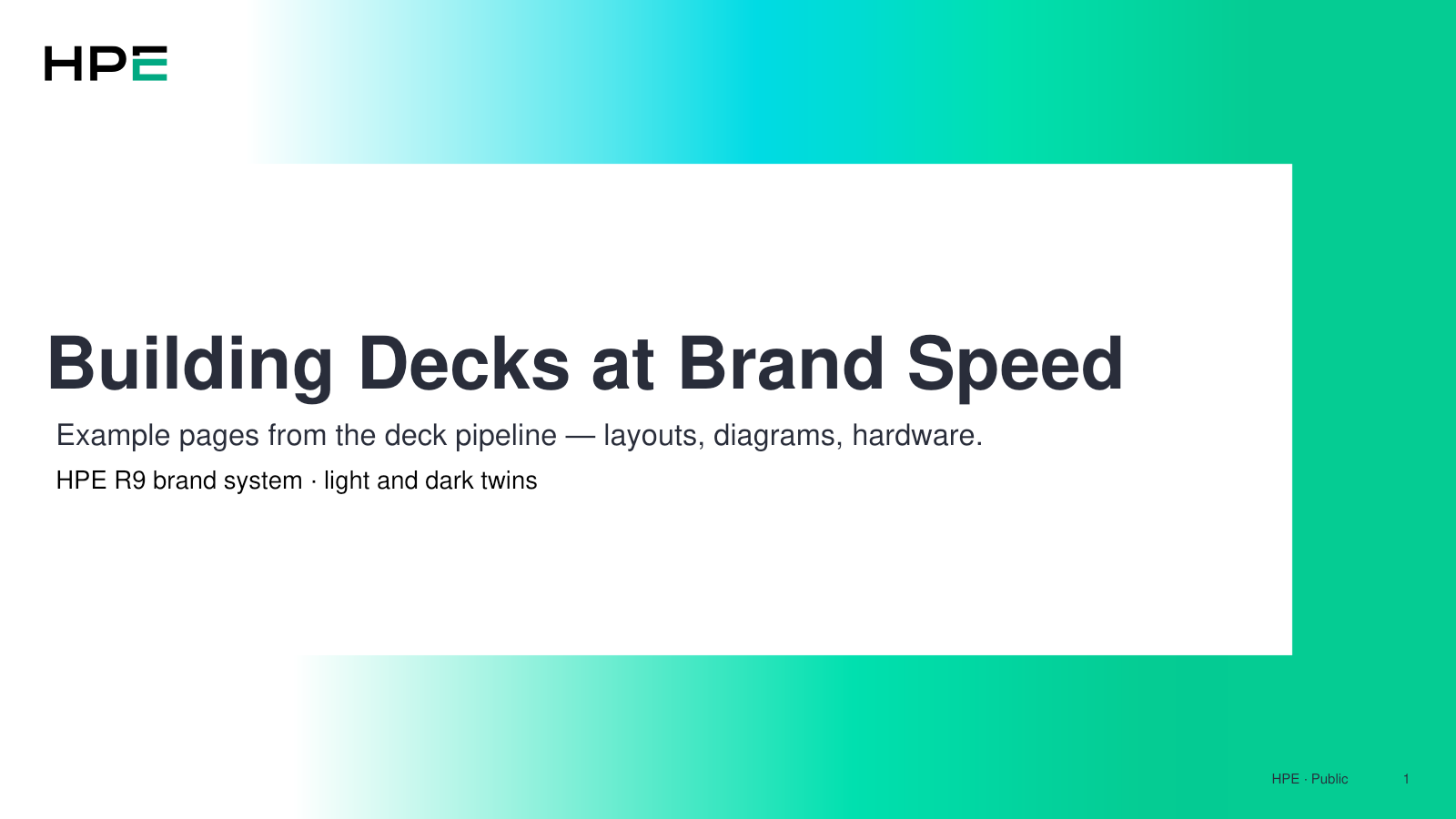 HPE-branded light-theme cover page for the Building Decks at Brand Speed example