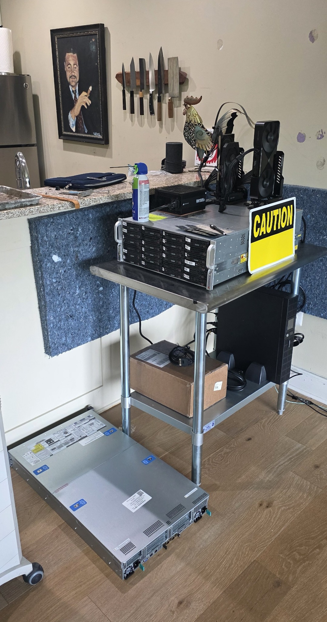 A large home AI server with externally mounted GPUs