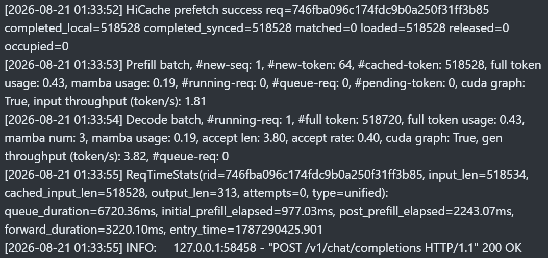 SGLang terminal output showing 518,528 cached tokens restored for a 518,534-token request