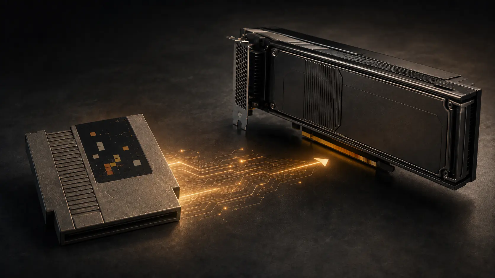 Conceptual game cartridge connected to a modern model-specific accelerator card