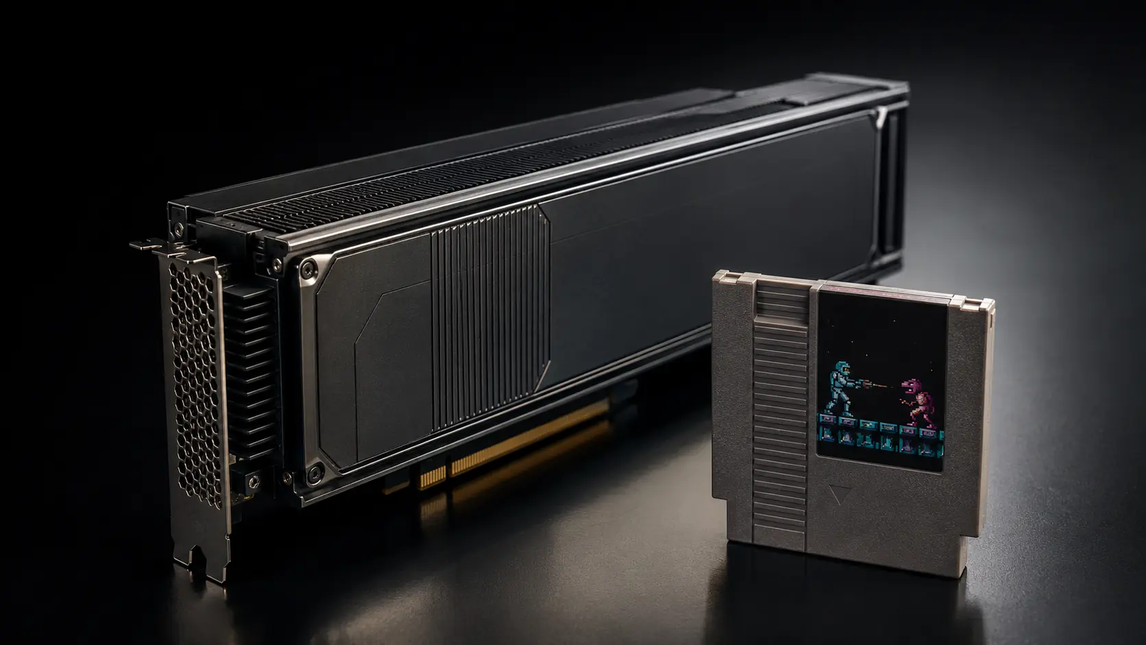A model-specific accelerator card beside a game cartridge
