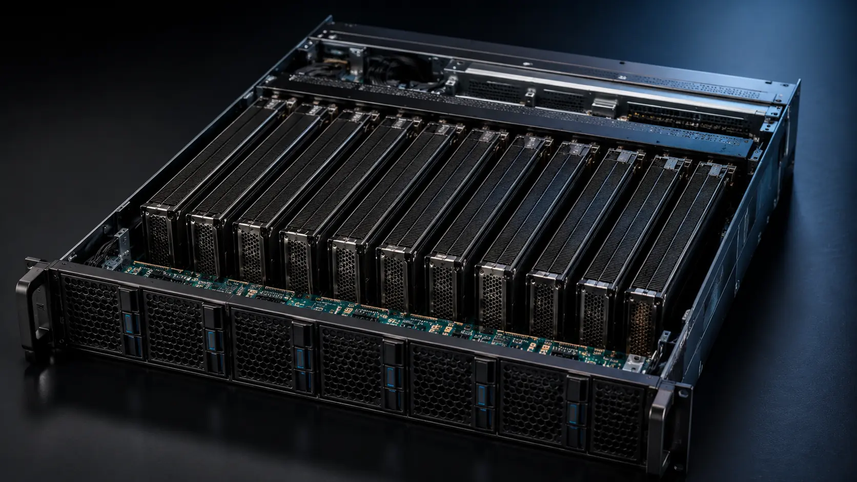 Conceptual ten-card air-cooled server populated with model-specific accelerator cards